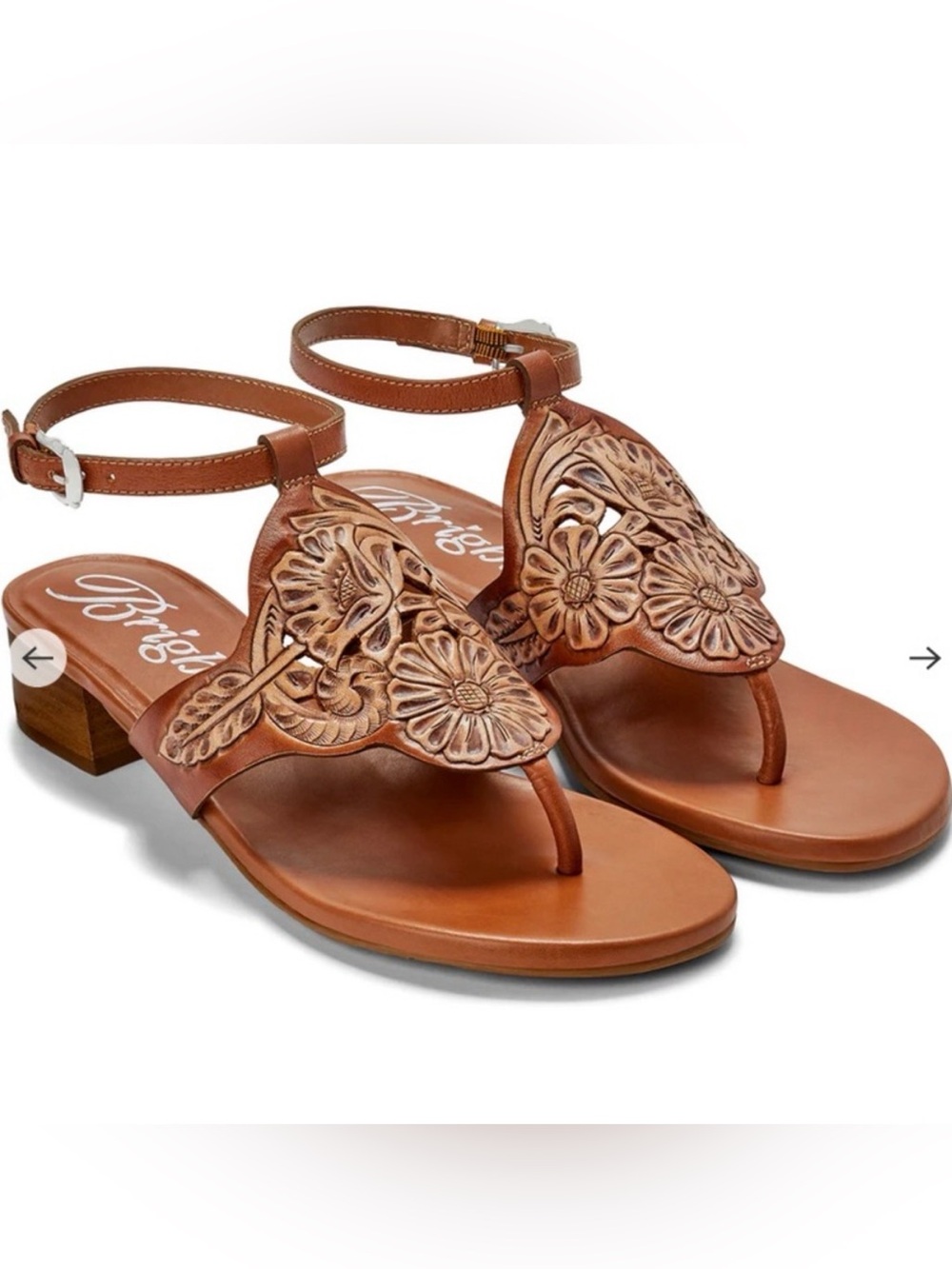Brighton Lorena Brown Floral tooled Leather Thong Sandals with Ankle Strap